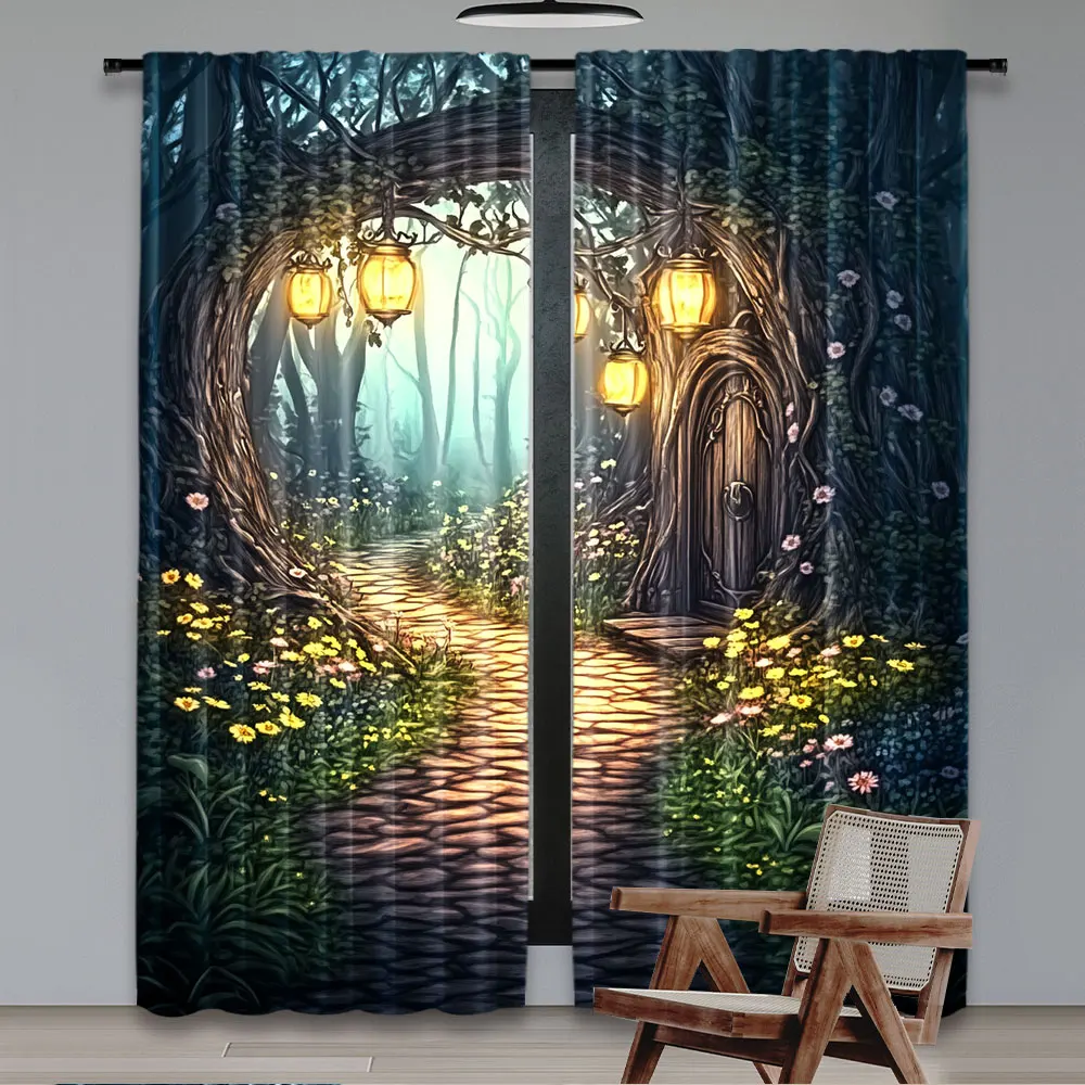 2Pcs Dream Forest Tree Curtain Fairyland Colorful Floral Green Tree Spring Woodland Suitable For Bedroom Bathroom Living Room