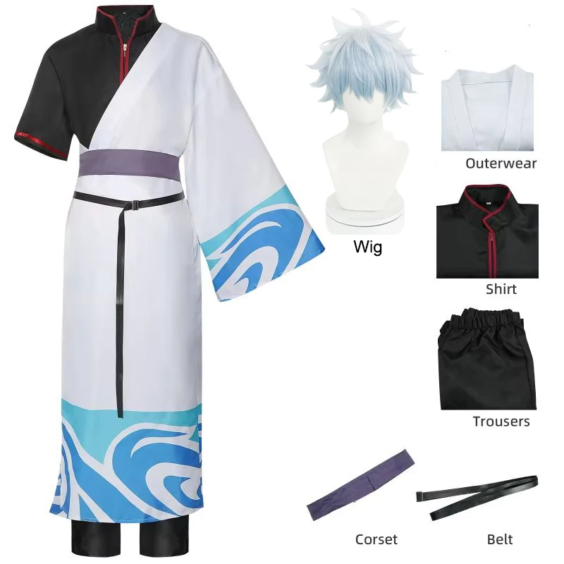 

GINTAMA Sakata Gintoki Cosplay Costume Kimono Halloween Carnival Party Silver Soul Cosplay Costume Wigs