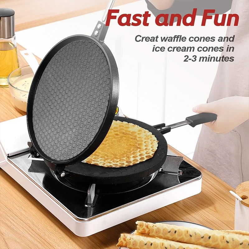 Non-Stick Waffle Cone Maker Aluminum Alloy Egg Roll Ice Mold Cream Cone Maker Crispy Pancake Pan with Heat-insulation Handle