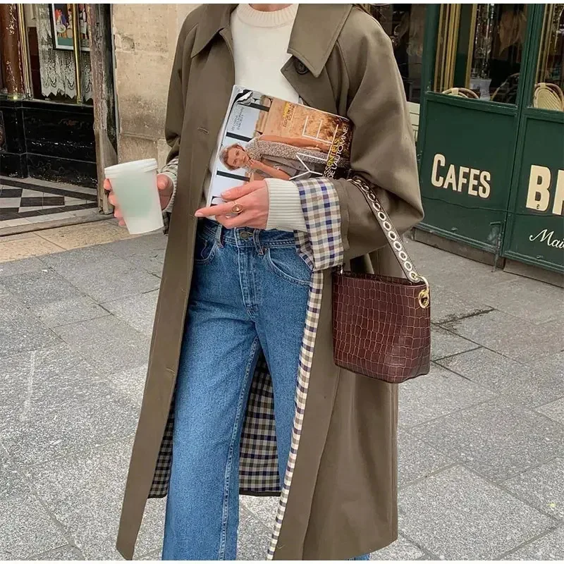 

Women's Fashion Long Trench Coat Retro Loose Single-breasted Coat Autumn and Winter Lapel High Street Temperament Coat Jackets