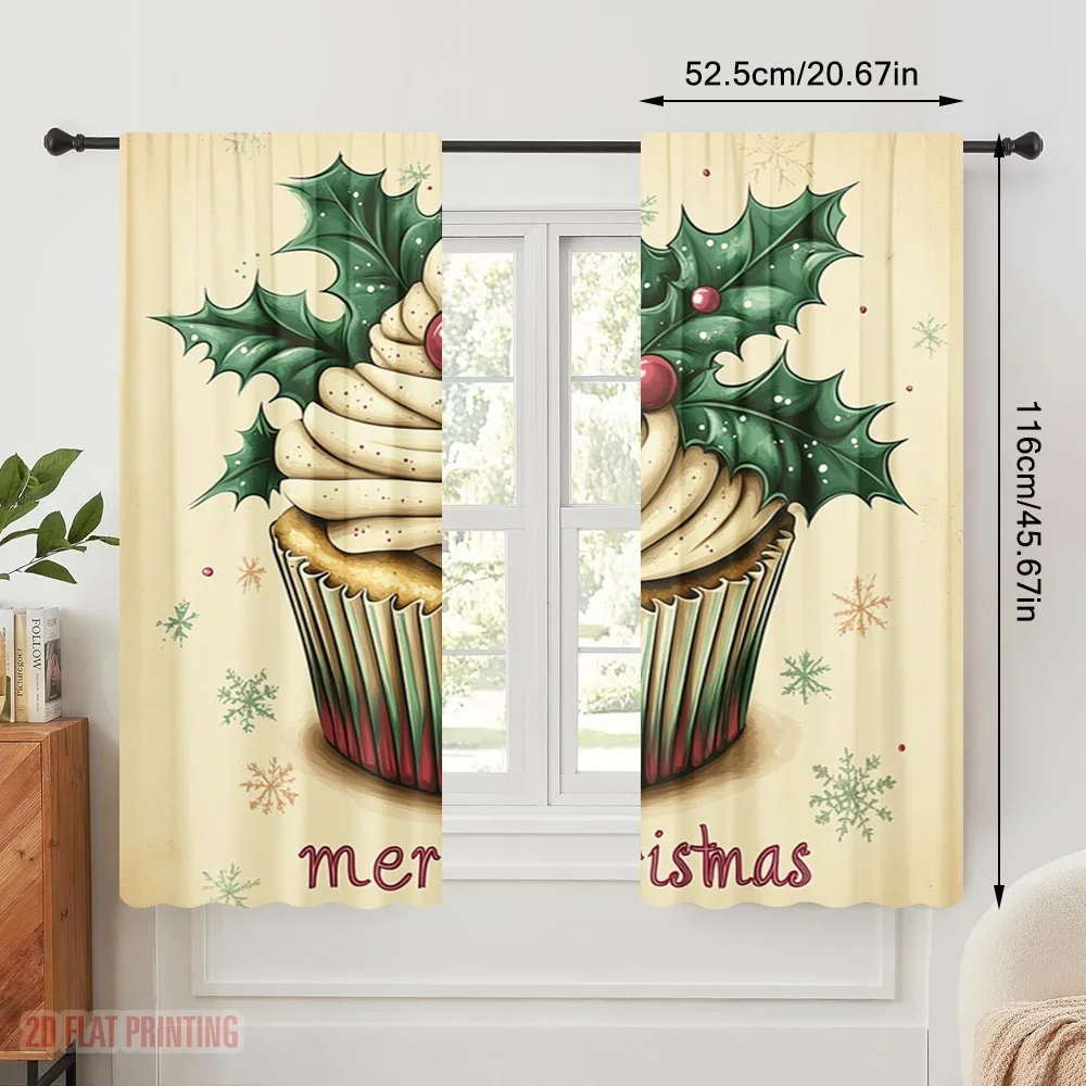 2pcs,2D plane printing Pattern Curtains Christmas Cupcake Holly Pine (2) Versatile Polyester (without rod) Art Deco Festive for