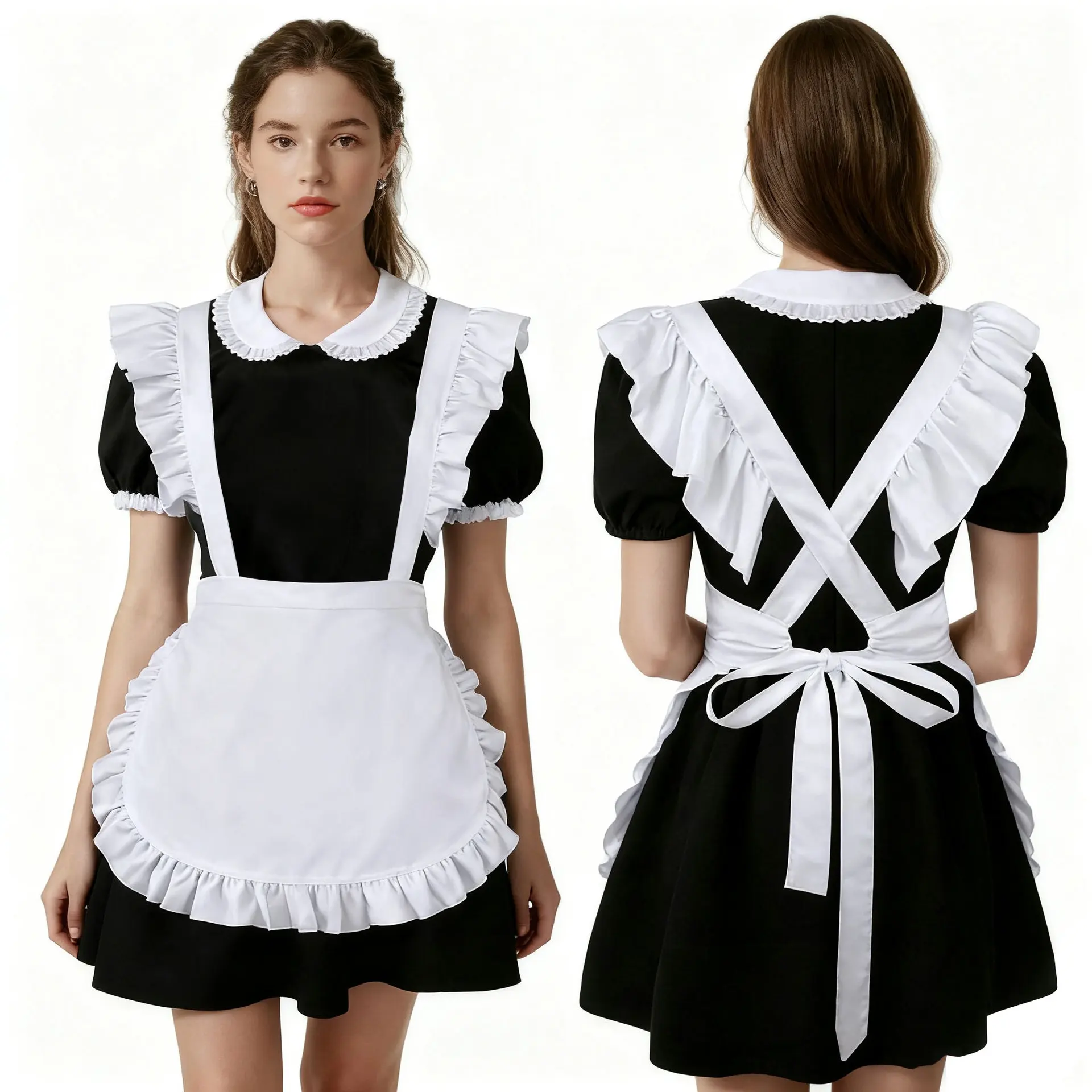 Women Girl Ruffles Outline White Apron with Pockets Victorian Bib Maid Cosplay Kawaii Kitchen Baking Anime Costume Lolita Dress