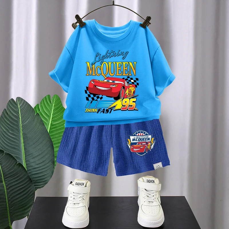 

Lightning McQueen Children T-shirt+Shorts 2-piece Set Kawaii Anime Figures Short Sleeve Trendy Cool Home Clothing Tee Top Gift