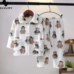 Meninos e meninas desenhos animados estampa flanela pijama conjuntos, manga comprida lapela tops com calças, crianças dormindo roupas, novo, outono, inverno