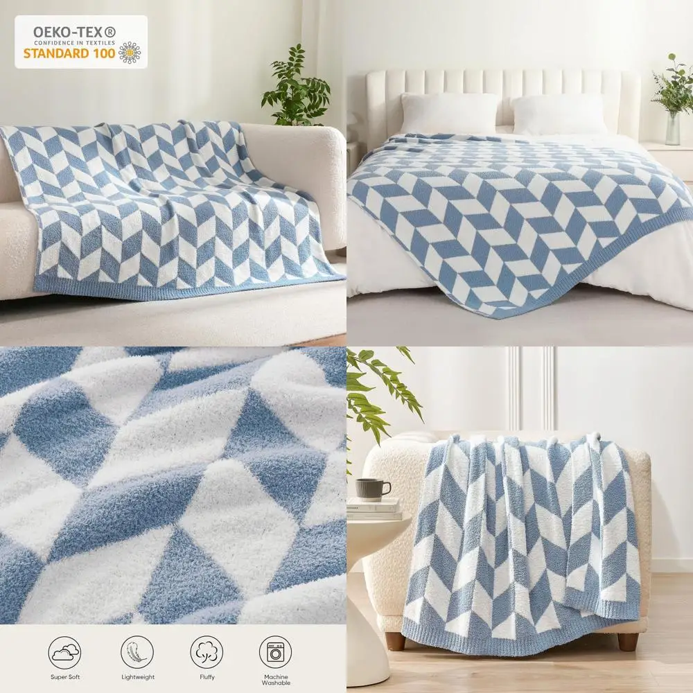 

Ultra-Soft Blue Twin Blanket, Cozy Oversized Knit Throw for Bed & Living Room, Chevron Pattern, 60x80