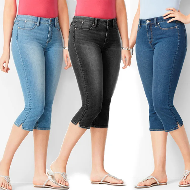 Slim Fit 7-Length Women's Jeans Casual Straight Leg Natural Waist Mid-Elasticity Rural Style Washed Denim Spring Collection