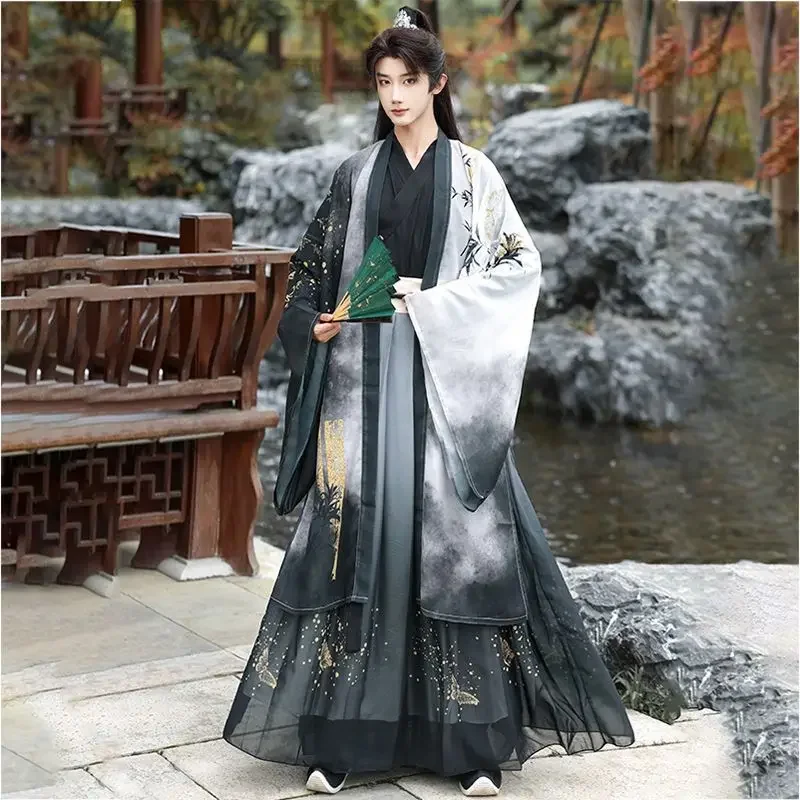 Hanfu Men Chinese Traditional Cosplay Costume Ancient Hanfu Sets Male Halloween Cos Costume Hanfu Black 3pcs Sets Plus Size 2XL