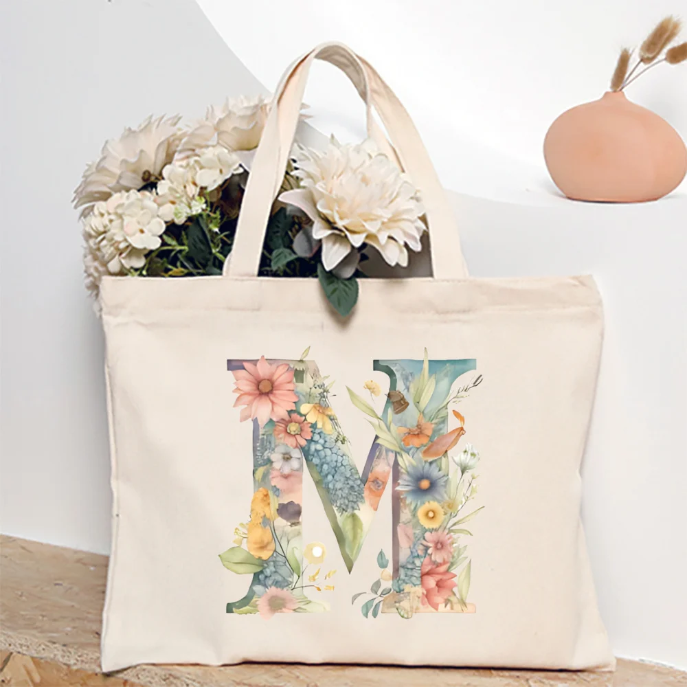 Borsa tote con stampa floreale AZ iniziale per donna Borsa a tracolla da viaggio riutilizzabile stampata in tela di grande capacità per lo shopping