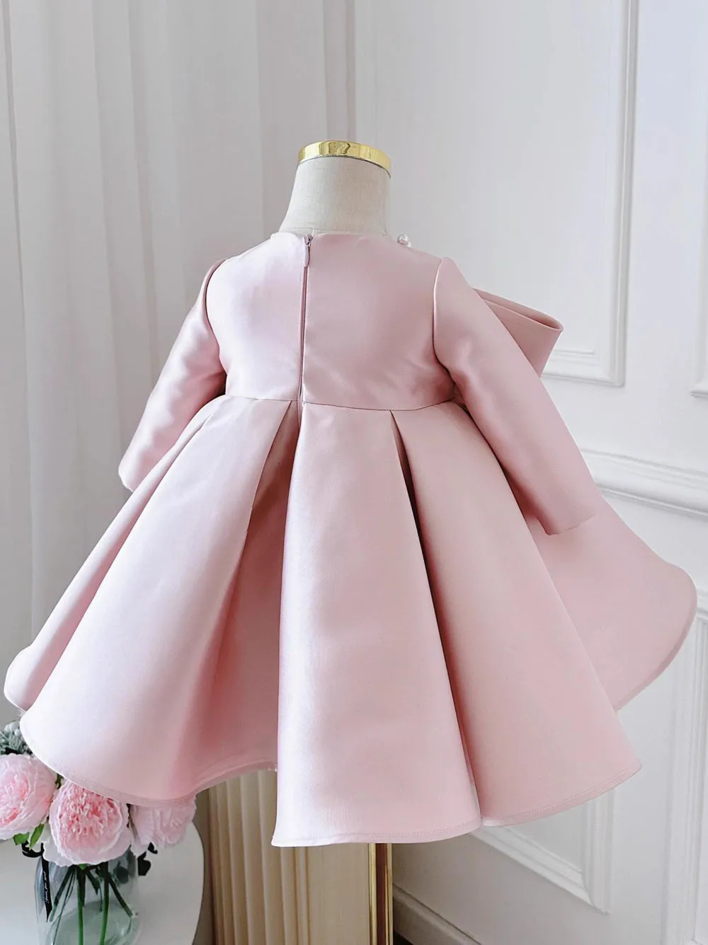 Boutique Toddlers Pearls Pink Satin Dress Bowknot Pageant Party Birthday Formal Dresses Baby Girls Wedding Flower Girl Dress