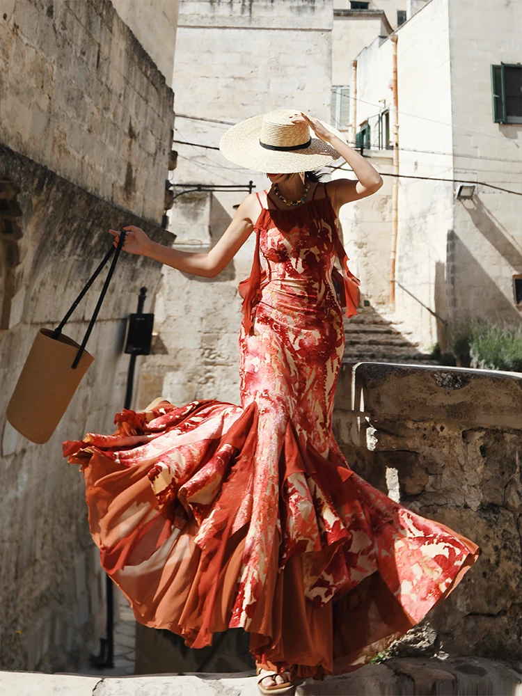 

TIYIHAILEY Dresses Sleeveless Women Summer Ladies Printed Clothing Fashion 2025 Layer Strap Sexy Fish Tail Dresses Ladies Maxi