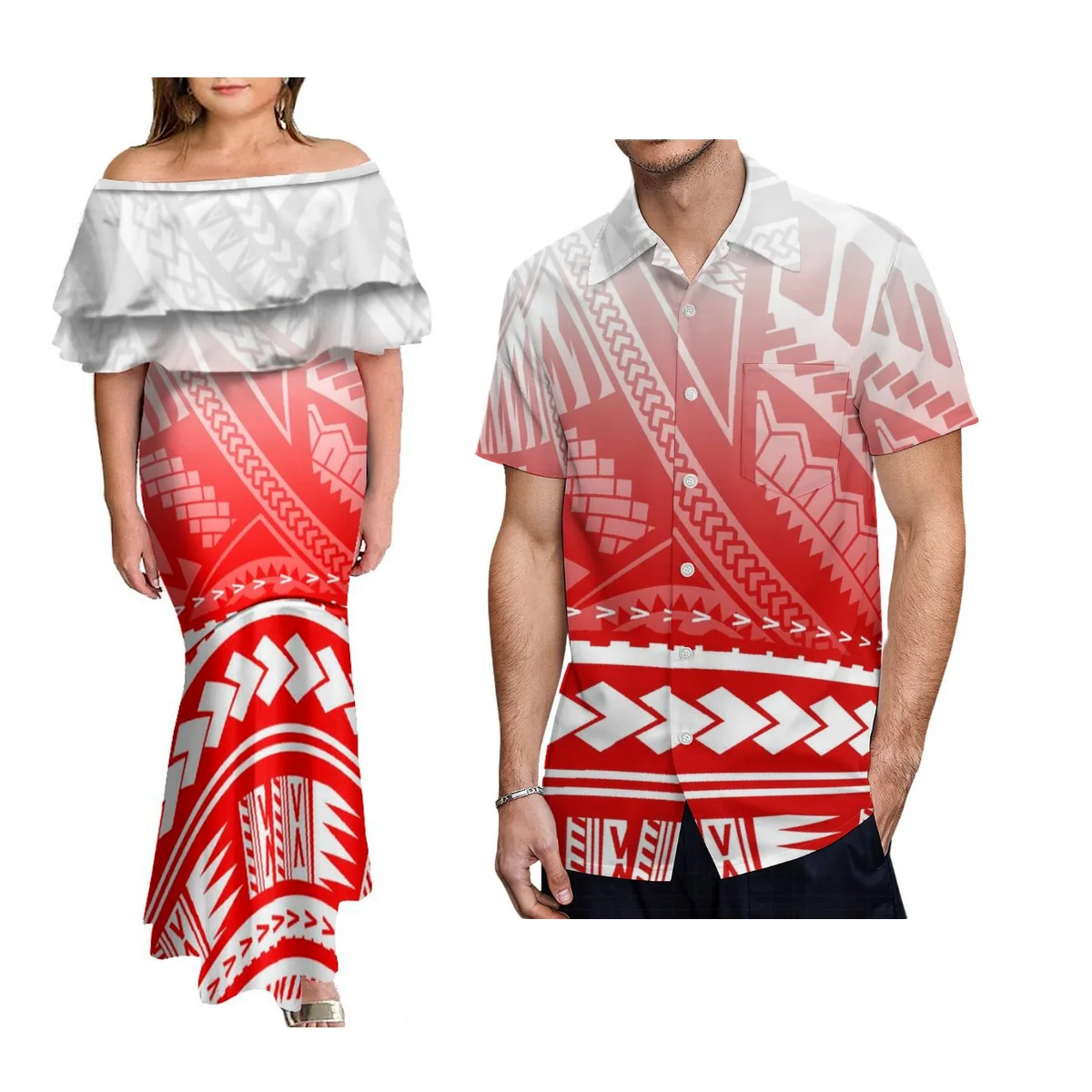 2024 Sustainable Big Shots Ladies' Off-The-Shoulder Dress Maxi Dress And Men'S Aloha Shirt Polynesian Couple Suit Party