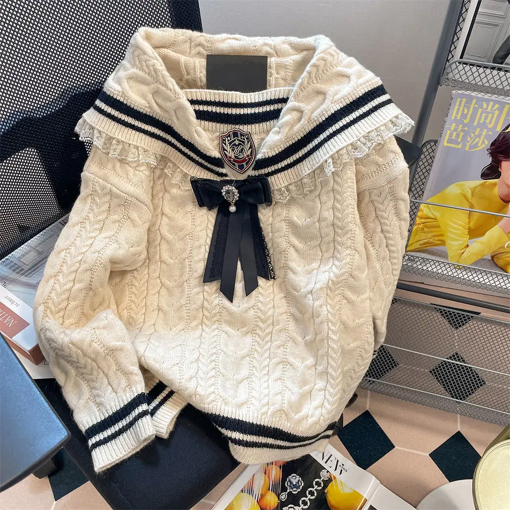 French Academy Style JK Navy Neck Bow Sweater Women Top Autumn Winter Vintage Gentle Thickened Knit Pullover Coat Women Clothing