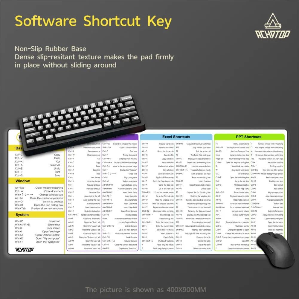 Windows Shortcuts Keys Mouse Pad Large Extended Excel Powerpoint Word Software Gaming Desk Keyboard Mousepad with Stitched Edge