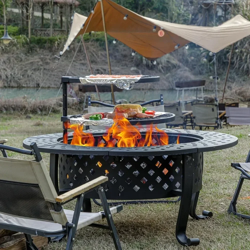 Mesa de Pit de fuego de 42 pulgadas con 2 parrillas para barbacoa, tapa y póquer de fogatas, mesas redondas de Metal para barbacoa y al aire libre 3 en 1, mesa de fogatas de fuego