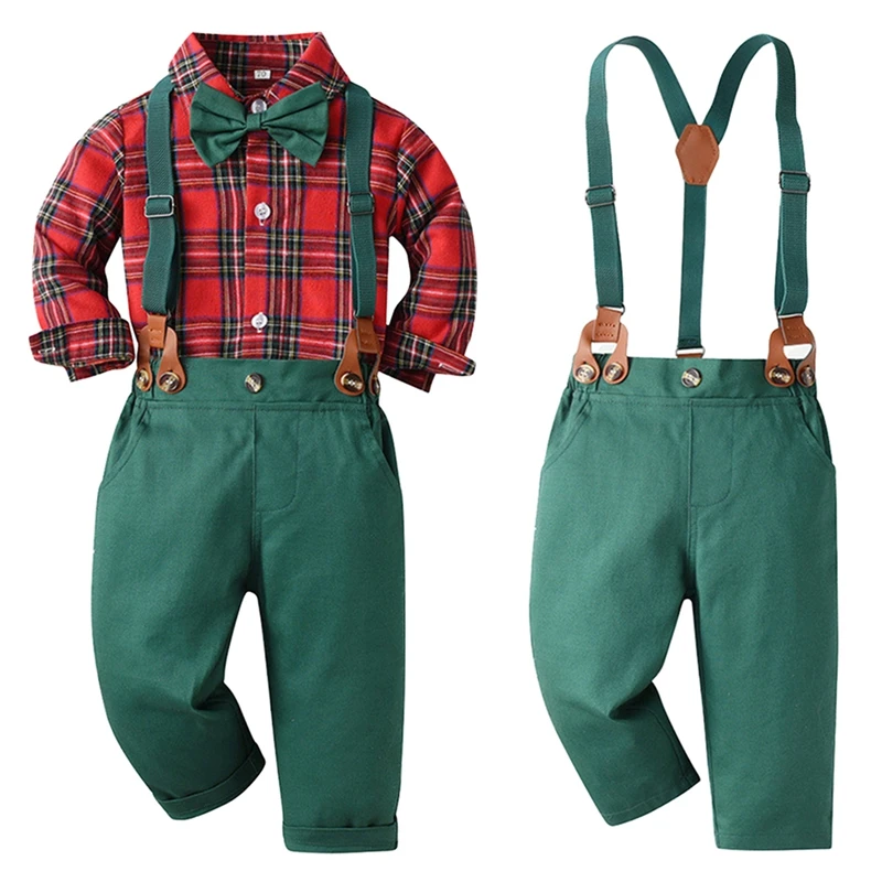 Children\'s Bow Turn Down Collar Plaid Long Sleeves T Shirt and Overalls Set Boys Party Performace Clothing