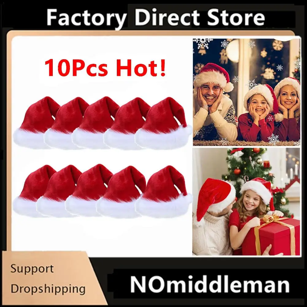 

10Pcs Christmas Santa Hat Xmas Long Plush Holiday Red Hat For Adults And Kids Unisex 2024 New Year Festive Party Supplies