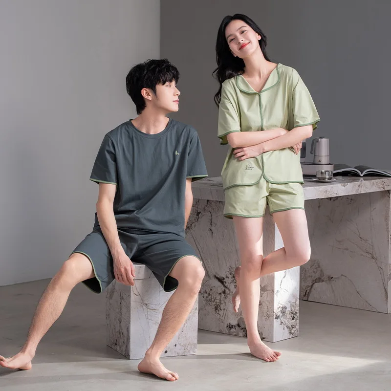 Newest Couple Pajamas Set Summer Sweet Short-Sleeved Sleepwear Cotton Men Pyjamas Women Nightgown pijama hombre Mujer Pyjamas