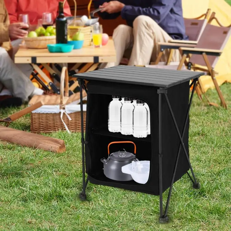 Camping Storage Cabinet Storage Organizer Kitchen Station For BBQ Party Picnics BBQ Folding Barbecue Table With Storage Rack