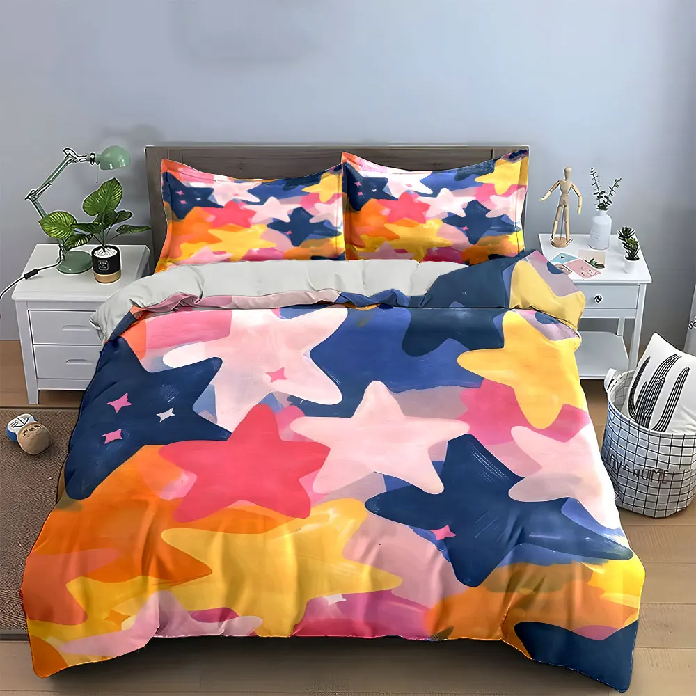 

3Pcs Watercolor Star Bedding Set, Pastel Pink, Yellow and Blue Stars Print Duvet Cover + 2 Pillowcases, Cute Kids room Decor