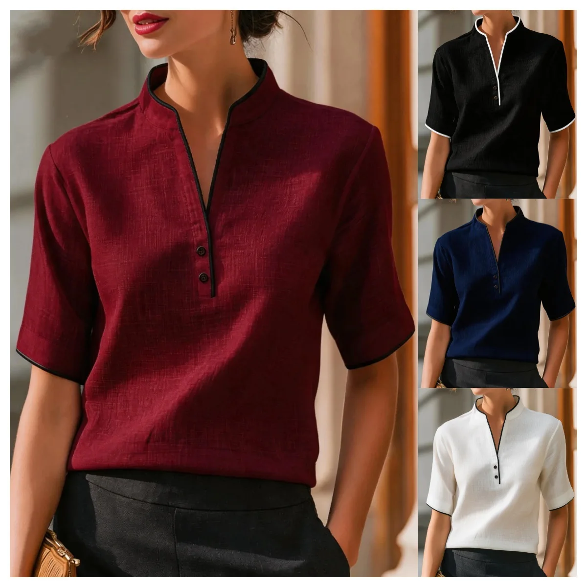Summer Thin Shirt Women's Fashion Solid Button Down V-neck Short Sleeve Shirt Elegant Office Lady Blouse Casual Basic Work Top