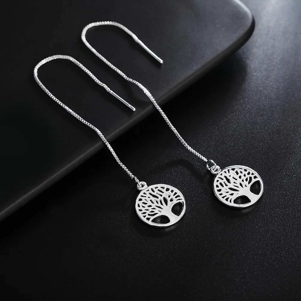 Pretty 925 Sterling Silver Exquisite Round tree long Earrings for Women fashion party wedding Jewelry Christmas Gifts charms