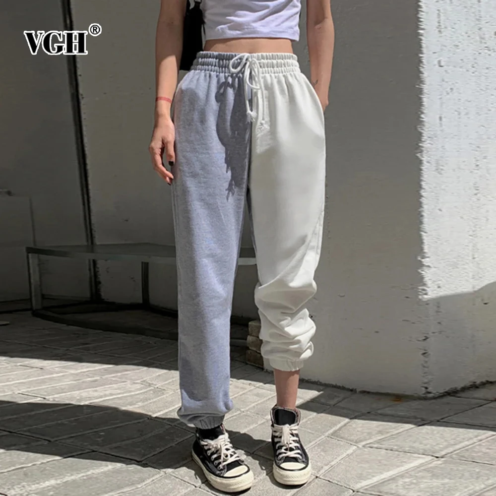 VGH Colorblock Casual Trousers For Women High Waist Patchwork Lace Up Minimalit Harem Pants Female Summer Fashion Clothing New