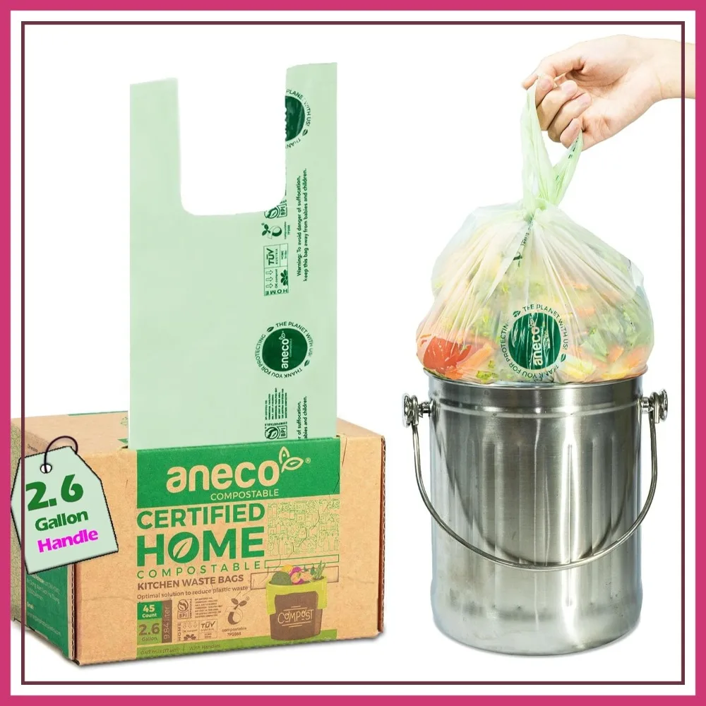 

2.6 Gallon Compostable Food Waste Bags with Handles, 45 Count, BPI & OK Compost HOME Certified, Perfect for Countertop Bin