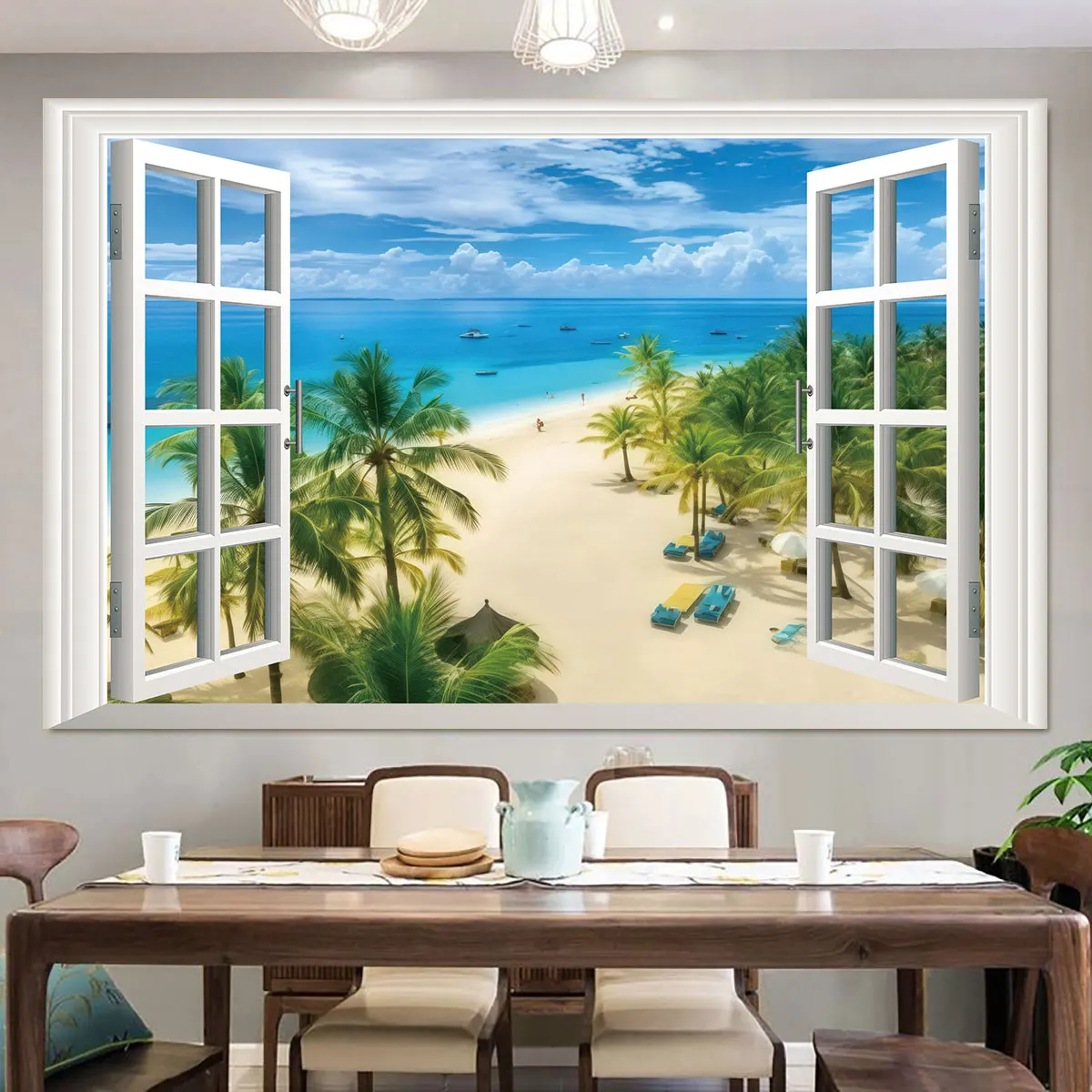 1pc Fake Window Sea View Beach Coconut Grove PVC Self Adhesive Wall Sticker Living Room Bedroom Home Wall Art Decoration