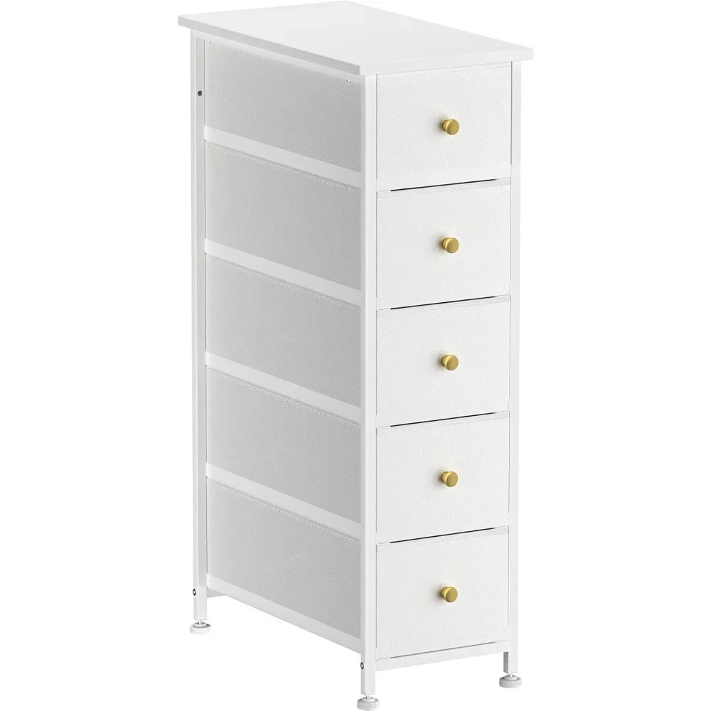 

Narrow Dresser Storage Tower with 5 Drawers, Slim Dresser Chest of Drawers with Steel Frame, Wood Top, Golden Knobs, for Bedroom