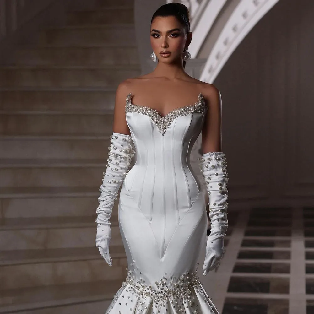 Robe de mariée en cristal de sirène sans gants, magnifique robe de patients en satin, chérie, cour, train, église