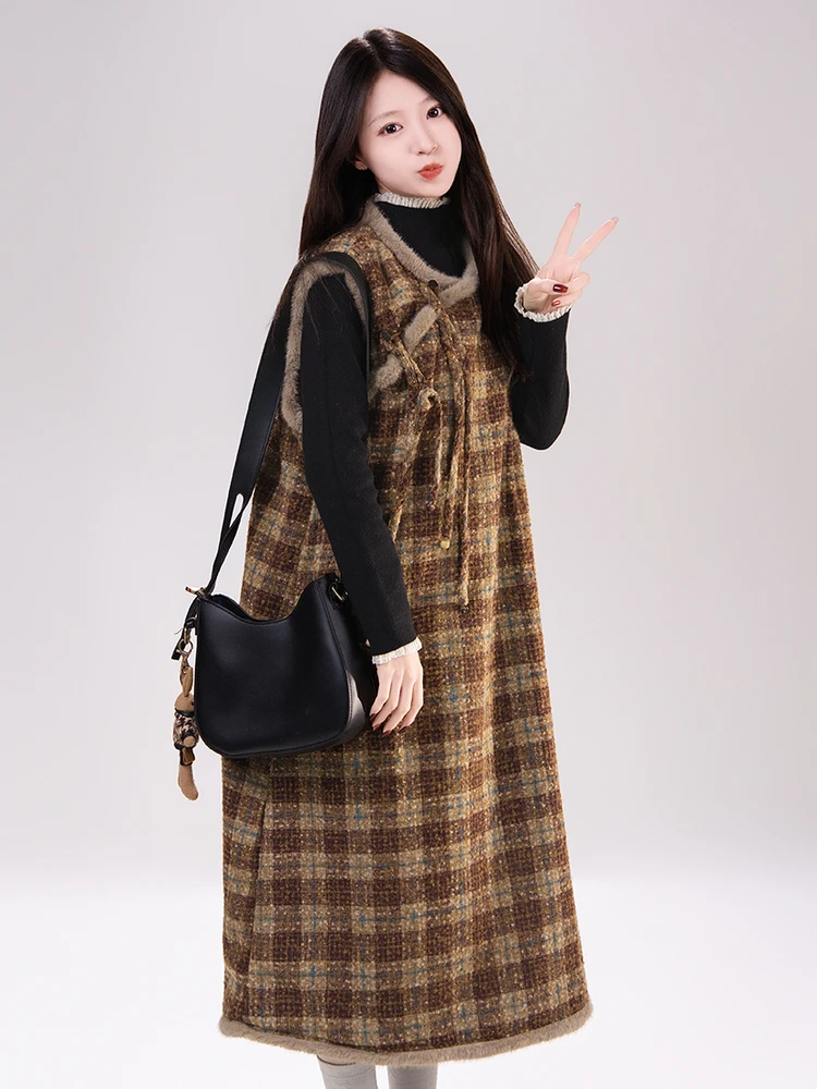 

Artisanal Plaid Wool Vest Dr Women's Cisas Svel Dr Thiened Polyester Fiber round Ne H-ape Daily Wear