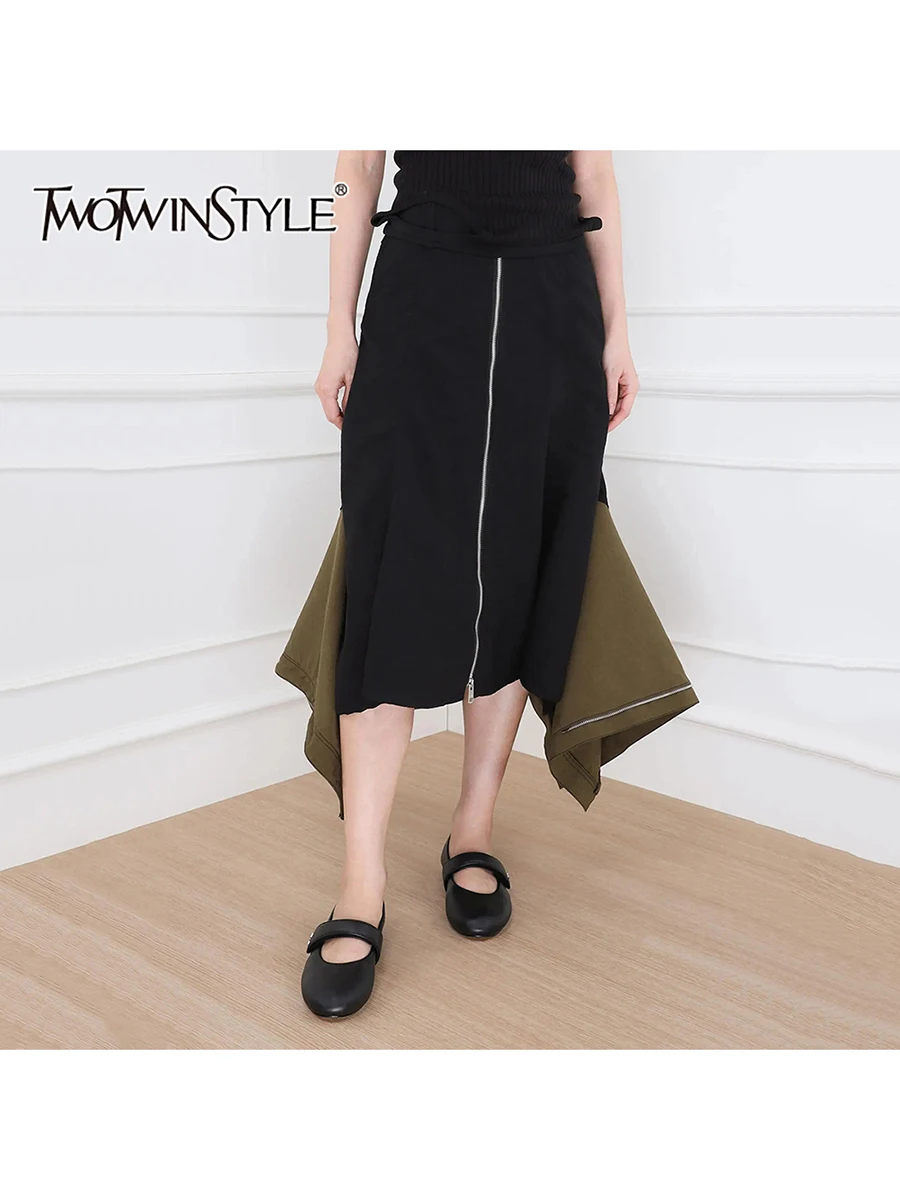 

TWOTWINSTYLE хит цвета сращенные молнии модные юбки для женщин с высокой талией лоскутные карманы нерегулярная длинная юбка женская одежда