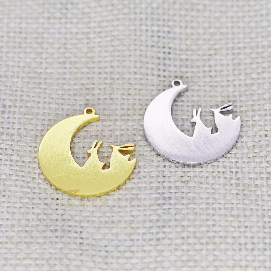 5PCS DIY Stainless Steel Rabbit On The Moon Silhouette Animal Necklace Women Handmade Crescent Moon Bunny Charm Pendant