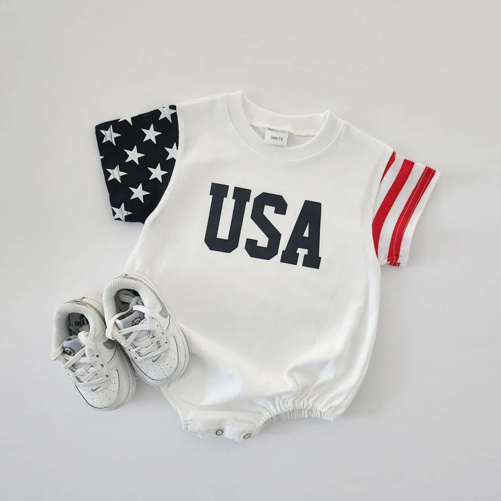 

American striped printed baby boy patch T-shirt jumpsuit newborn short sleeve casual loose Sweatshirt one-piece baby jumpsuit