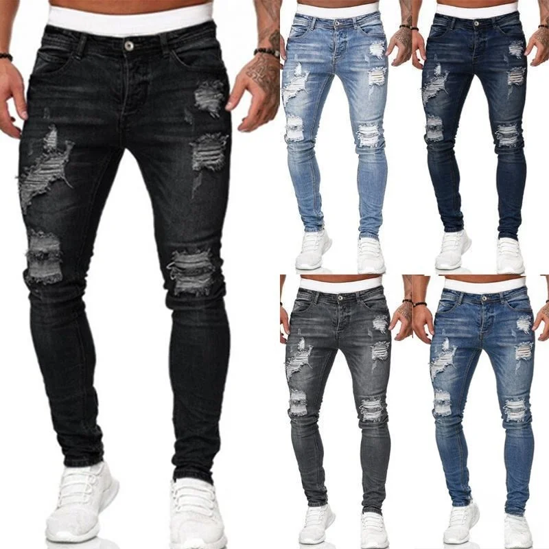 

New Faionable Slim Fit Men's Jeans Hole Punch Trendy Casual Long Pants mid Waist Zipper Straight Leg All Seasons
