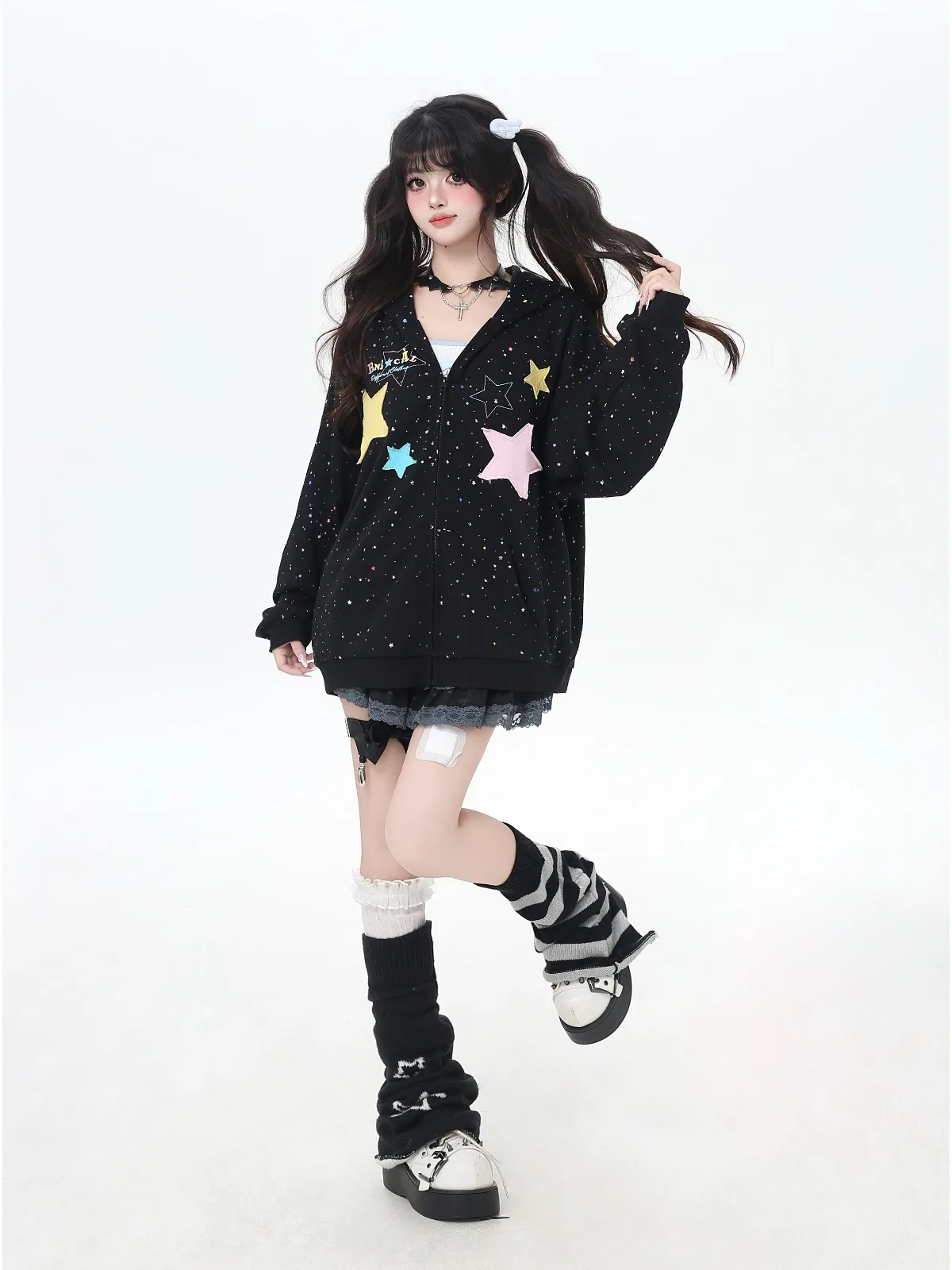 Sweet Preppy Style Subculture Oversized Hoodies Star Sequins Long Sleeve Zipper Loose Casual Versatile Sweatshirts Tops Women