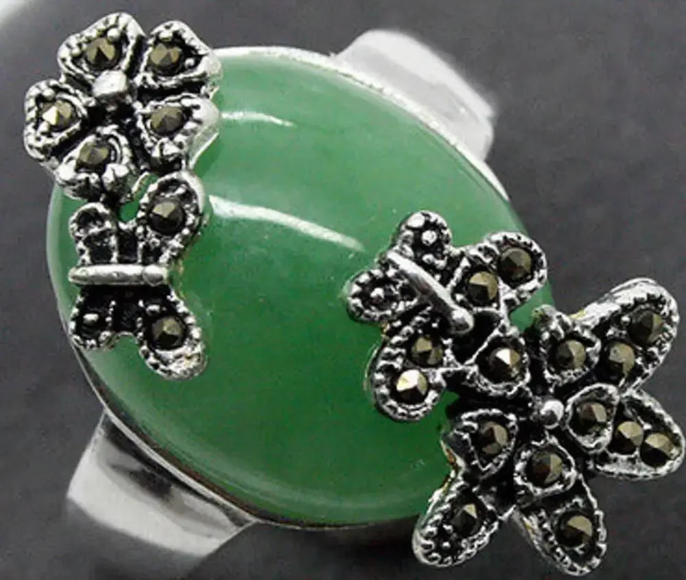 

Fashion jewelry wholesale good valentise gift 925 Silver Flower Marcasite Green Jades Emeraldrs Ring Sz 7/8/9/10