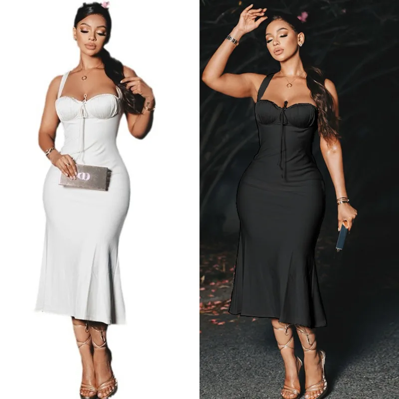 

Elegant Spaghetti Strap Bodycon Maxi Dress For Women, Sleeveless Solid Color Fishtail Long Dress Sexy Slim Party Clubwear Outfit