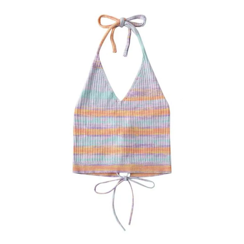 

Breathable Backless Striped Bra Vest Sleeveless V-neck Halter Camisole Ins Colorful Knitted Lace-up Tanks Girl