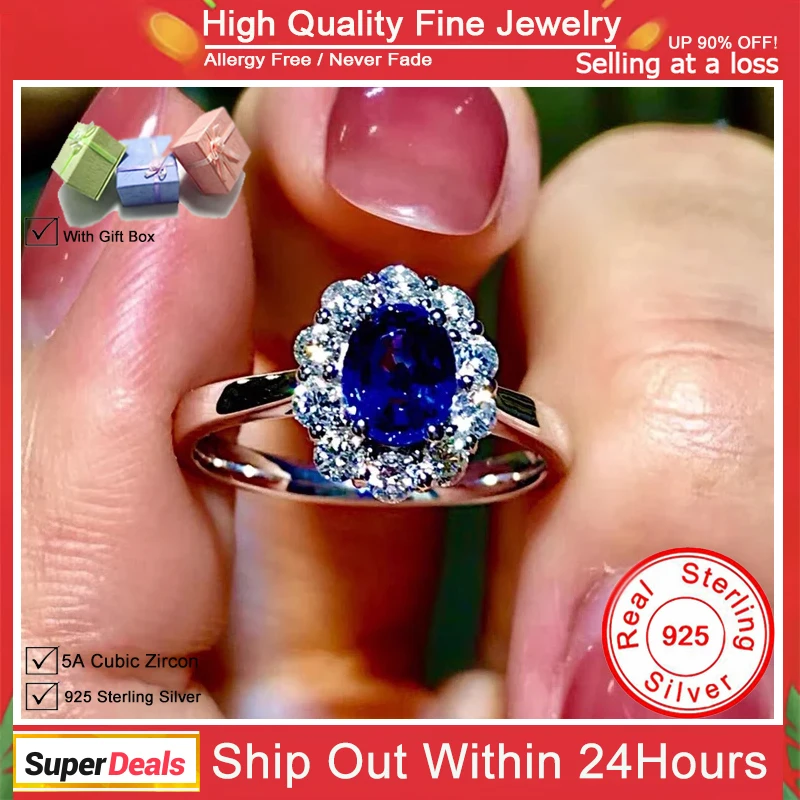 YHAMNI Original Certified 925 Sterling Silver Rings For Women Trendy Jewelry With Blue CZ Zirconia Flower Shaped Engagement Ring