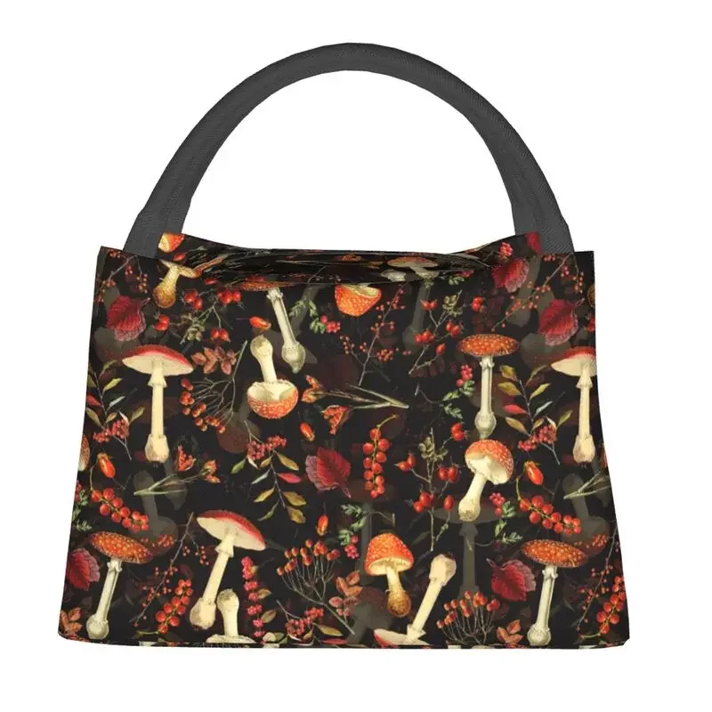 Red Mushrooms Insulated Lunch Tote Bag for Women Vintage Portable Thermal Cooler Food Lunch Box Outdoor Camping Travel