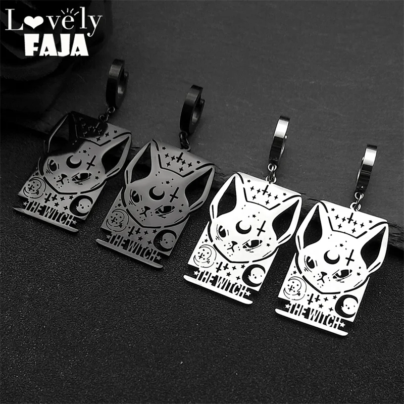 

Gothic Witch Moon Cat Stainless Steel Long Hoop Earrings for Women Silver Color Statement Drop Earrings Jewelry Party Gift