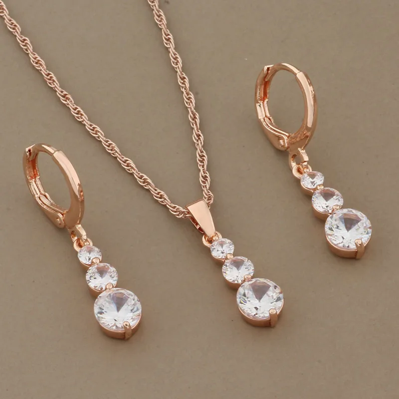 Hot Luxury Ethnic Bride Wedding Jewelry Sets Dangle Earrings And Pendant Sets 585 Rose Gold Color Natural Zircon Gift On March 8