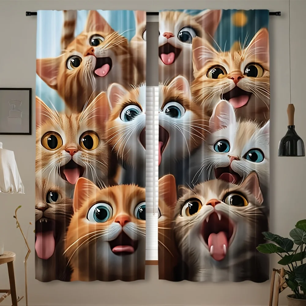 Funny Cat Faces Collage Curtain, Cute Kitten Expression Pattern Drape, Cartoon Animal Window Treatment for Kids Bedroom Living