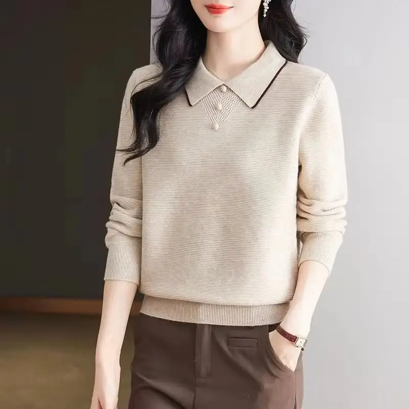 

Lapel Sweater Women Middle-aged 2025 Autumn Winter Fashion Casual Bottoming Shirt Knitwear Sweater Ladies Jumpers Knitwear