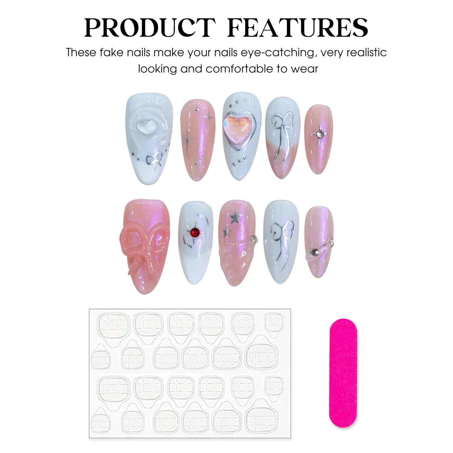 10pcs Pink White French False Nails Handmade Press On Nails With 3D Bow Heart Decor Aurora Long Almond Fake Nails Y2k For Girl