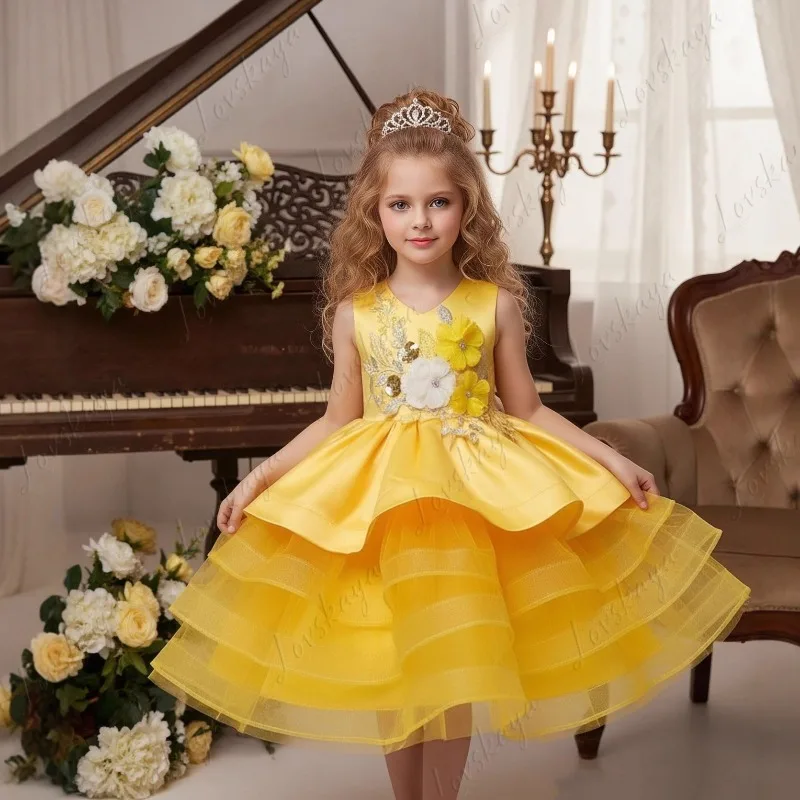 

Новое детское платье, платье принцессы, юбка-пачка для девочек, свадебная церемония с цветочным узором для девочек