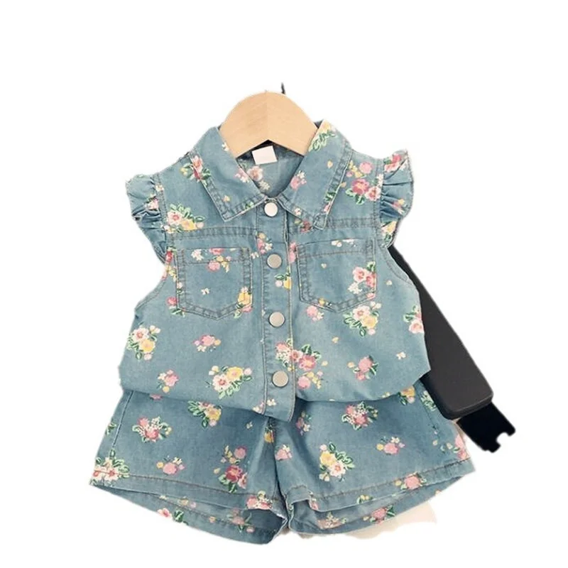 Girls Denim Clothes Sets Summer 2024 Children Sleeveless Shirts Shorts 2pcs Suit For Baby Tracksuits Kids Fashion Outfits 7 Year