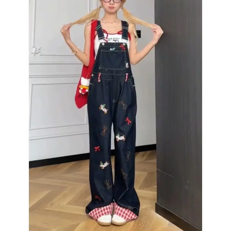 

American Retro Embroidered Dog Denim Overalls Women's Loose BF Lazy Wide Leg Pants High Waist Jeans Casual Style Autumn Sprin...