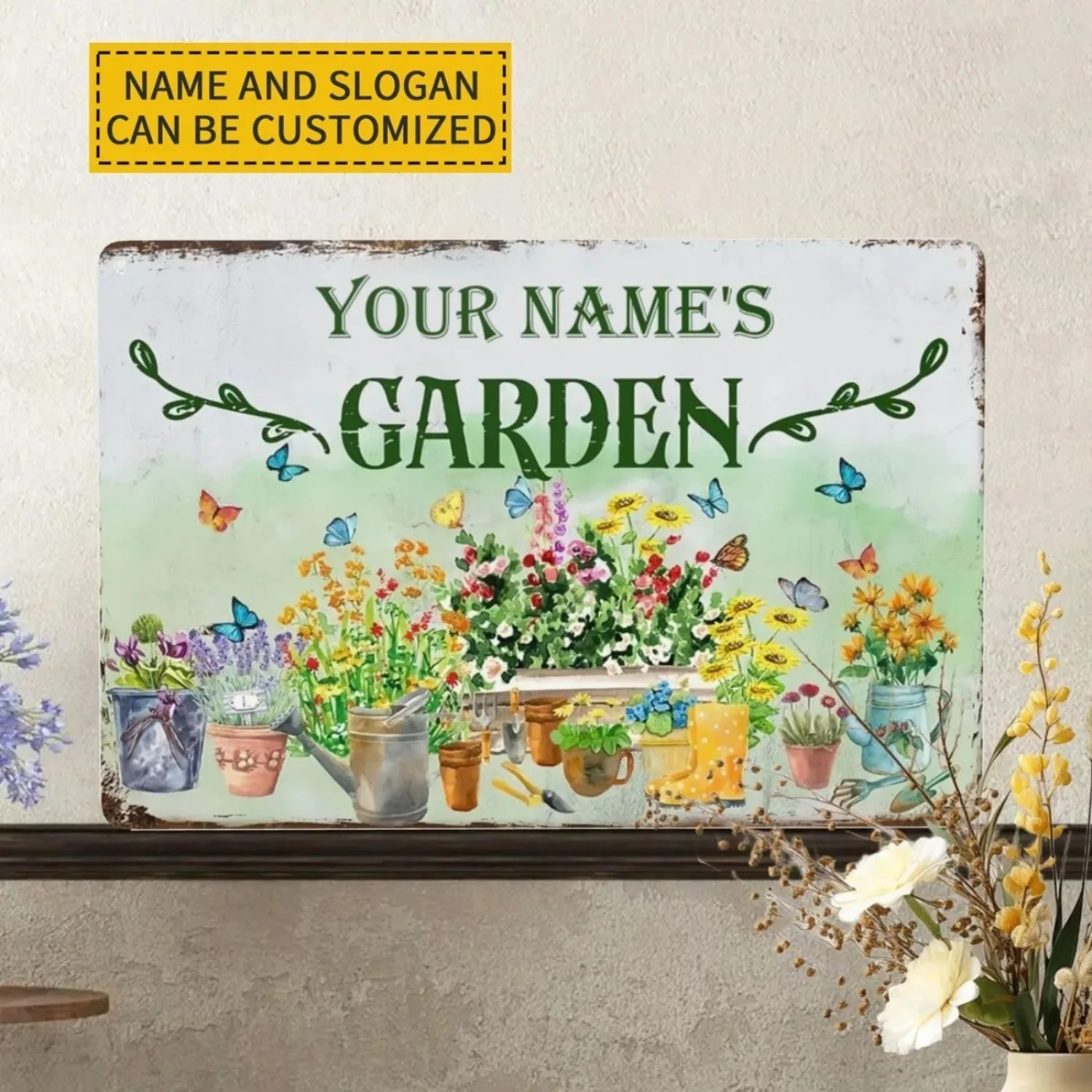 CIFbuy Customizable Floral Garden Metal Sign 8x12In, Personalized Text Waterproof Dustproof for Home Wall Decor
